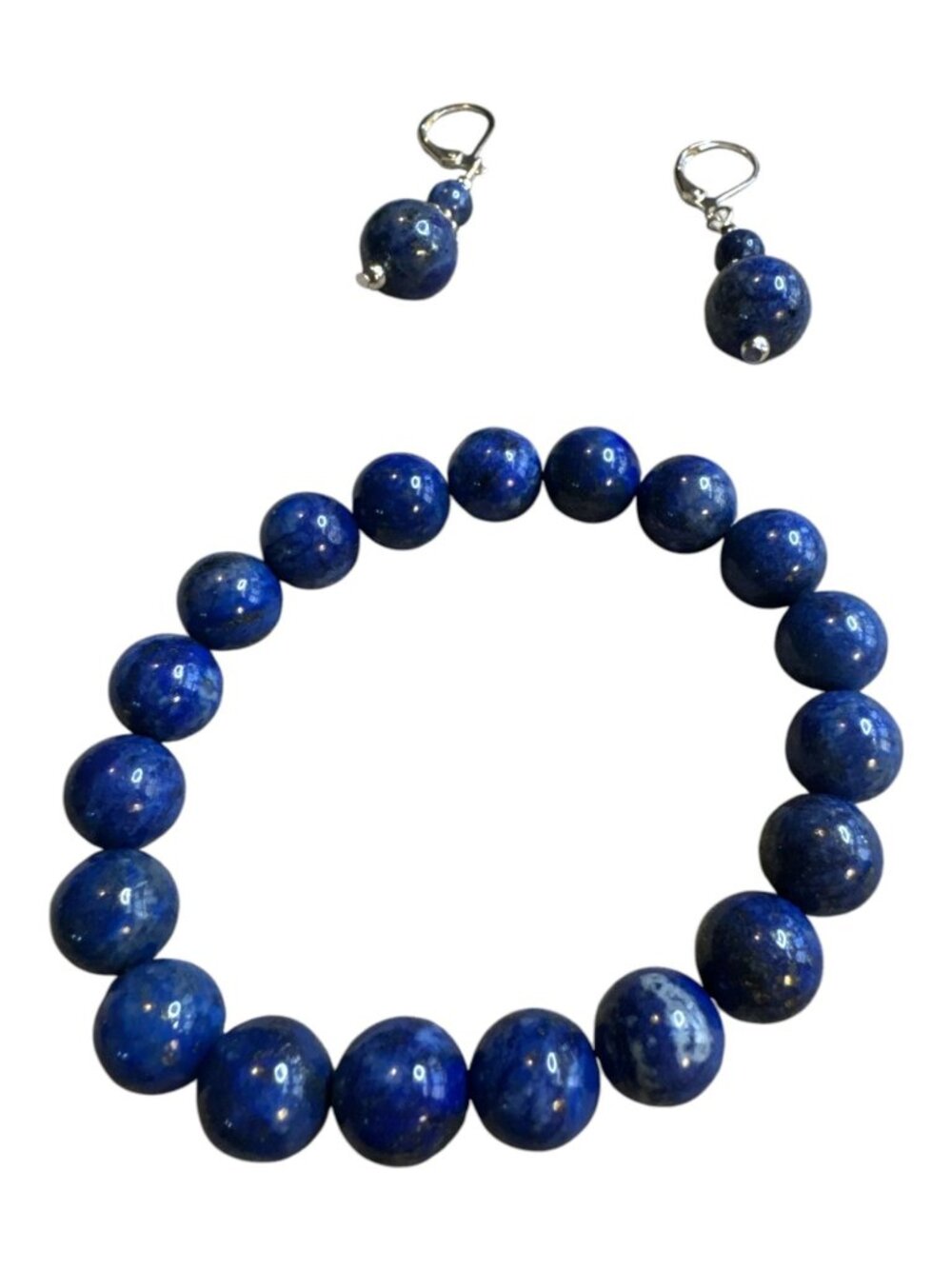 Blue Gemstone Beaded Bracelet & Earrings Set Lapis Style Silver Tone Handmade Lo